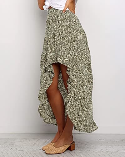 BTFBM Women 2026 Spring Summer Long Skirts Dress Boho Floral Elastic Waist Split Ruffle High Low Beach Maxi Skirt Clothes(Green, Medium) - Thumbnail 5