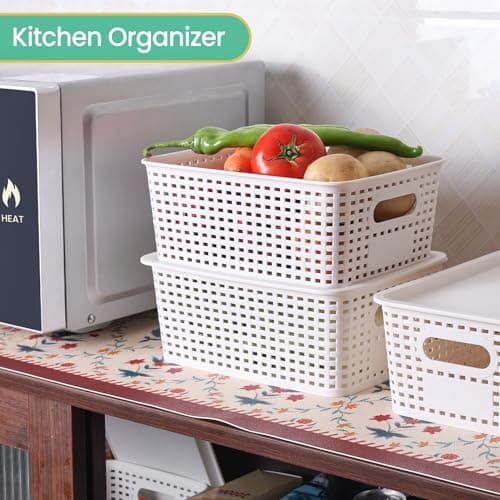 Ohmlove Plastic Storage Baskets with Lid - Plastic Storage Containers Stackable Storage bins: Storage Baskets for Organizing Shelves Drawers Desktop Closet Playroom Classroom Office, 8 Pack-White - Thumbnail 6