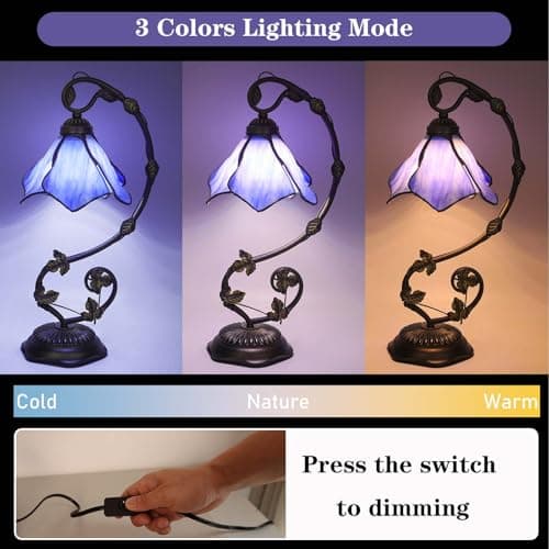 FILIUTF Stained Glass Table Lamp, Blue Flower Style Metal Leaf Base Desk Reading Light, Adjustable 3 Color Temperature Decor for Bedroom Home Office - Thumbnail 4
