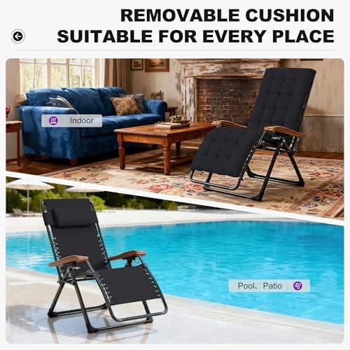 PURPLE LEAF Oversized Outdoor Reclining Chair Patio Zero Gravity Chaise Lounge Folding Chair with Removable Cushion Adjustable Headrest for Lawn Camping Beach Pool Black - Thumbnail 4
