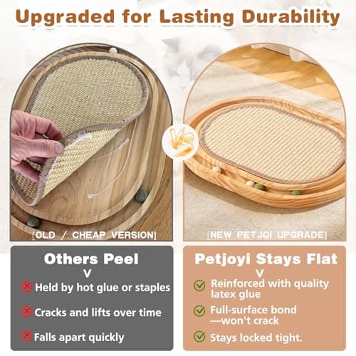 Petjoyi Upgraded Oval Sisal Cat Scratcher with Ball Track - Heavy-Duty Woven Scratching Pad, Interactive Cat Toy with 3 Balls, Extra Durable Wooden Base, 17" L x 13" W x 1.2" H - Thumbnail 4