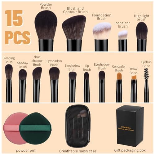 Travel Makeup Brush Set, 15 pcs Mini Makeup Brushes and 2 Puff for Foundation, Powder, Eyeshadow, Highlight, Contour, Blush & Concealer, Small Makeup Brush Set Purse Size with Case (black and brown) - Thumbnail 3