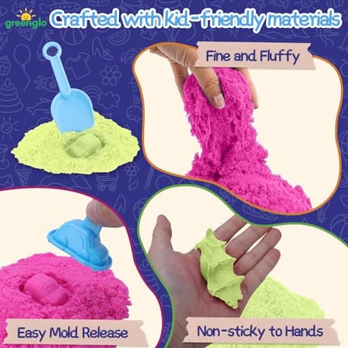 greenglo Kids Sensory Magic Sand Playset - 1.10 Lbs Color Sand Kit, 16 Pcs Molds (Cake/Dessert, car, sea Animal) & Tools, Ideal Sensory Bin for Boys & Girls Ages 3-8 - Thumbnail 4