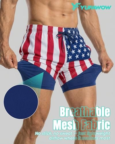 9 Inch 9in Men Swim Trunks Compression Liner Quick Dry Pocket Lined Inseam American Flag 4th July Red White Blue USA Patriotic Male Swimwear Swimsuit Swimtrunks Boardshorts Bathing Suit Beach Short - Thumbnail 4