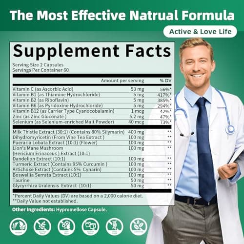 GREENPEOPLE Liver Cleanse Detox & Repair Capsules - Milk Thistle Liver Detox with Dandelion & Artichoke Extract/Dihydromyricetin DHM/Turmeric/Vitamin B12 - Liver Supptment 120pcs 2packs - Thumbnail 4