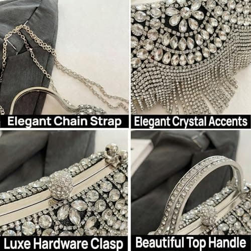 LUKLUKTAISUN 2026 Fringe Rhinestones Clutch Purse for Women Elegant Mesh Evening Bag Crystal Handbag for Cocktail Prom Wedding(Black) - Thumbnail 3