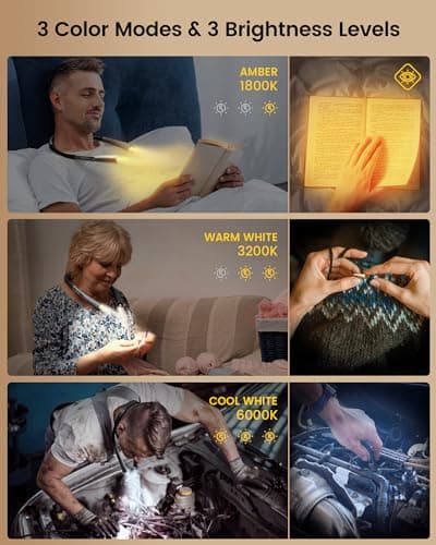 Glocusent Upgraded LED Neck Reading Light, Book Light for Reading in Bed, 30-min Timer, 3 Colors & 3 Brightness Adjustable, Rechargeable & Long Lasting, Perfect for Reading, Knitting - Thumbnail 3