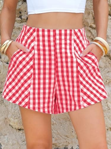 EXLURA Womens Cotton Boxer Shorts Faux Linen Gingham Shorts Summer High Waist Plaid Y2K Beach Bottoms Vacation Outfits 2026 - Thumbnail 3