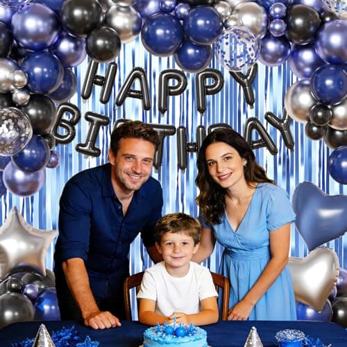 Navy Blue and Black Birthday Decorations for Men, Metallic Navy Blue Black Silver Foil Confetti Balloons Happy Birthday Banner Fringe Curtains Birthday Decorations for Boy Girls Women Men - Thumbnail 6