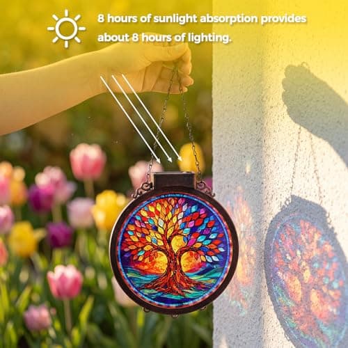 Hoikwo 8.6" Suncatcher Tree of Life, Solar Powered Sun Catcher Stained Acrylic Plastic Lightweight Window Decor, for Porch Courtyard Garden Mother's Day Birthday Gift for Mom Her Housewarming - Thumbnail 4