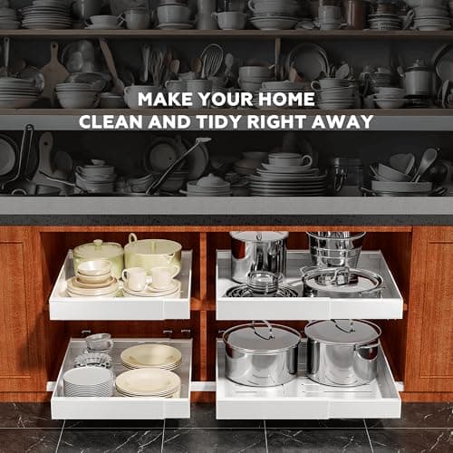 4 Pack Pull Out Cabinet Organizer for Pots and Pans, Upgraded 3-Slide Rail System with Adhesive Pads, Expandable Width (15.2"-26.2") Fits 21" Deep Framed/Frameless Cabinets, White Slide-Out Shelves - Thumbnail 5
