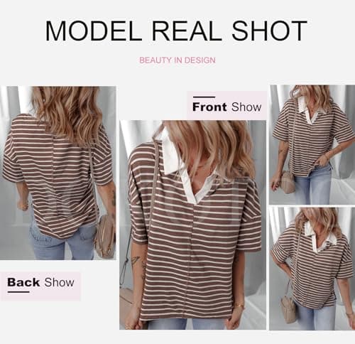 Dokotoo Summer Short Sleeve Shirts for Women 2026 Summer T Shirts for Women Dressy Casual Khaki Striped Trendy Polo Shirts Cute Crop Tops Womens Blouses Color Block Womens Clothes Clothing XL - Thumbnail 4
