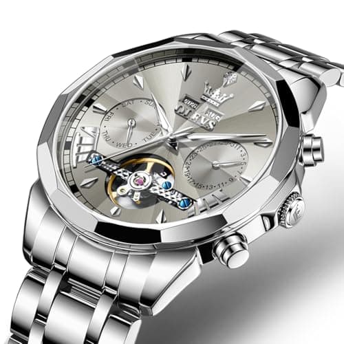 OLEVS Watches for Men Luxury Automatic Self Winding Mechanica Silver Stainless Steel Dress Wrist Mens Watches Grey Face Tourbillon Waterproof Luminous Analog Watch - Thumbnail 2