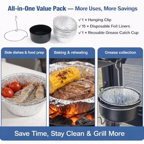 BLUES GRILL PARTS Grill Grease Cup with Clip for Char-Broil & Kenmore Grill Grease Tray Replacement - 15Pack Aluminum Foil Liners, Fits Masterbuilt 30"/40" Smokers Drip Pan Replacement Parts - Thumbnail 5