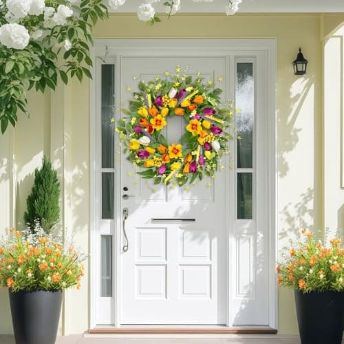 ICX 24" Spring Wreaths for Front Door, Tulip Spring Wreath, Large Outdoor Wreath Spring, Spring Floral Wreath Perfect for Window, Wall, Porch, Wedding and Farmhouse Home Decor Gift - Thumbnail 5