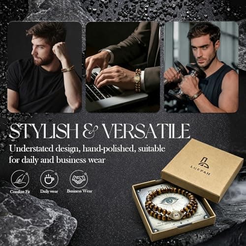 Evil Eye Bracelets for Men, 8MM Black Obsidian Lapis Lazuli Tiger Eye Stretch Beaded Protection Bracelet Guardian Jewelry Gifts with Meaning Card Meaningful Gift for Him (Birthday/Graduation/New Job) - Thumbnail 4