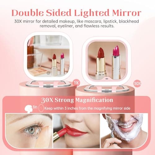 FASCINATE Rechargeable Travel Makeup Mirror 30X Magnification, 3.5" Lighted Portable Vanity Mirror with 3 Colors Lighting & Stepless Dimming, Double Sided LED Mirror, Gift for Women (Pink) - Thumbnail 5