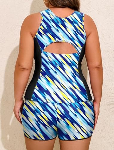 Tankini Swimsuits for Women Two Piece Athletic Bathing Suits Blouson Top with Sporty Boy Shorts Blue Twill Large - Thumbnail 4