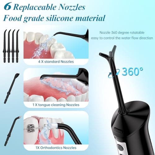 Water Flosser for Teeth 300ML Cordless,Portable Water Dental Floss Pick IPX7 Waterproof 5 Modes & 6 Jet Tips Noise<70db, Water Picks for Teeth Cleaning and Flossing, Braces, Gums,Oral Care - Thumbnail 5