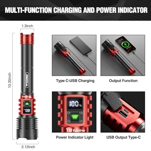 WdtPro Rechargeable LED Flashlights High Lumens, Super Bright 90000LM Rechargeable Flashlight with LCD Display, 5 Modes & Waterproof Powerful 10000mAh 30H Flashlight for Camping Emergency Red - Thumbnail 6