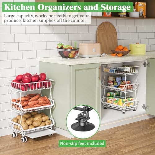 MJIMKE 3-Tier Rolling Cart with Wheels - Stackable Wire Baskets for Pantry Organization and Kitchen Storage, Floor & Countertop Fruit Organizers Vegetable Rack for Coffee Snack Onion Potato, Metal - Thumbnail 6