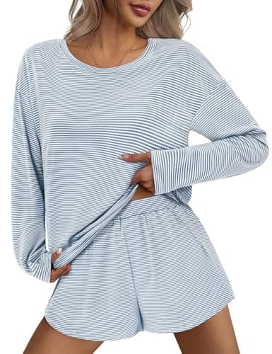 JUSTFASHIONNOW Womens Long Sleeve Lounge Set 2 Piece Cute Sleep Wear Striped Sleepwear Comfy Split Short Pajama Set Soft Fall Outfits Loungewear Pj sets (Blue, Large) - Thumbnail 2