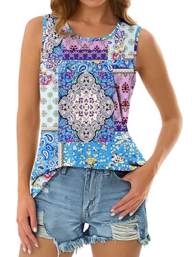 NORACORA Womens Summer Tank Tops Sleeveless T Shirt Casual Loose Fit Tunic Blouses Blue Blocks M - Thumbnail 3
