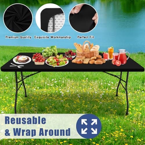 Moosfor Spandex 6 Foot Rectangle Table Cloth 4 Pack, Elastic Fitted Tablecloths for Picnic, Stretch Washable Patio Table Cover for Outdoor, Camping, Banquet and Parties (Black, 30"x72") - Thumbnail 5