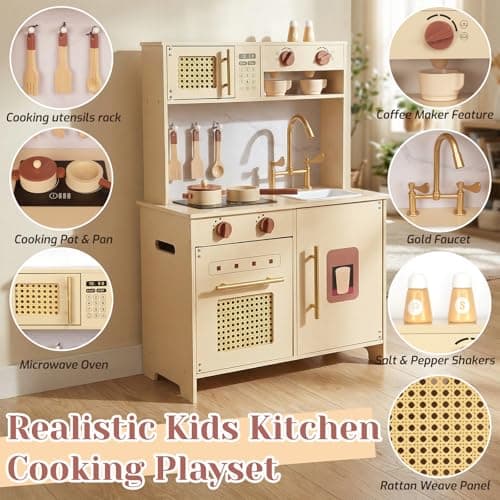 Wooden Kitchen Playsets for Kids, Pretend Play Kitchen with Realistic Clicking Sounds, Gold Faucet, Coffee Maker & Cooking Accessories, Set for Toddlers Boys Girls Age 3+ - Thumbnail 4