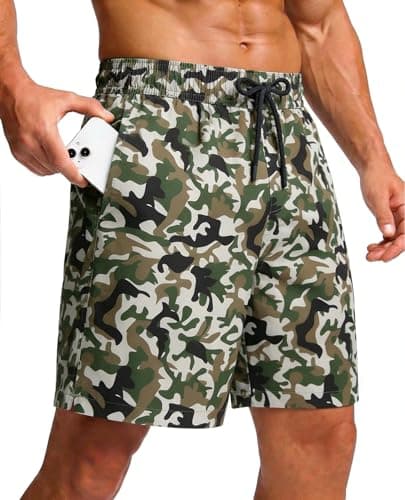 CoozySphere Men's Swim Trunks 7 Inch Quick Dry Swimsuit Board Short Bathing Suit Swimwear with Mesh Liner XXL Olive Camo - Image 1