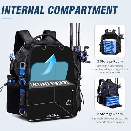 oinitiry Fishing Tackle Backpack with Tackle Boxes, Two Rod Holders, Bottle Holder, 50L Waterproof Tackle Bag for Fishing Gear, Fish Gifts for Men, Black Camo (4 Tackle Boxes Included - Thumbnail 3