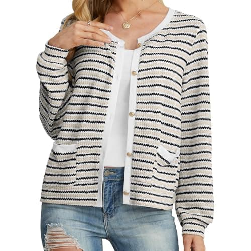 Women's White Apricot Choco Casual Dressy Stirped Cardigan with Patch Pocket Sweaters Crew Neck Lady Lightweight Jacket 2024 Fall Winter Size XL - Image 1
