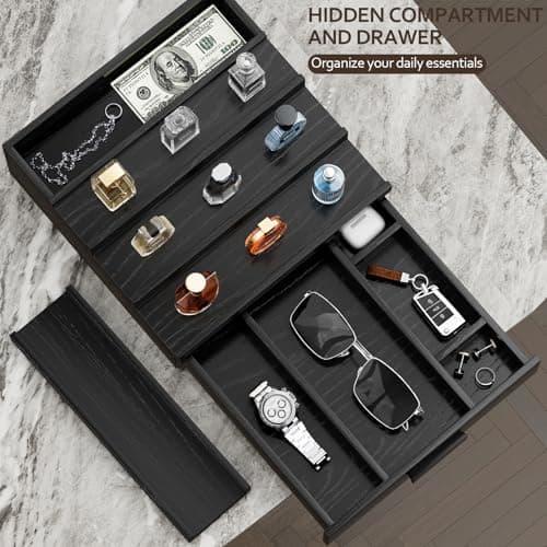 Hrbjunuo Solid Walnut Cologne Organizer for Men, 4 Tier Cologne Stand, Wooden Cologne Holder Display Shelf with Drawer Storage and Hidden Compartment, Black Perfume Stand Organizer, Gifts for Men - Thumbnail 5