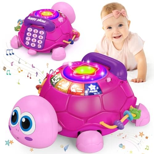 Ussybaby Musical Turtle Baby Toys 6 to 12 Month,Infant Light-up Musical Tummy Time Toy with Phone,Baby Crawling Toys for 7 8 9 12 Months Old,Easter Birthday Girl Gift for 3 4 5 Month+(Pink) - Image 1