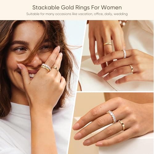 Stackable Gold Rings for Women - 3Pcs 18K Gold Plated Ring, Stainless Steel Cubic Zirconia Band, Waterproof Non-Tarnish Minimalist Jewelry Daily Fashion Birthday Valentines Day Gift for Her Girlfriend - Thumbnail 2