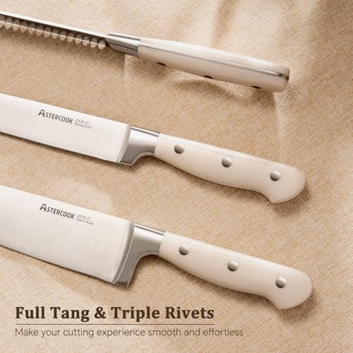Astercook Knife Set, Kitchen Knife Set with Block and Sharpener, 12 Pcs Ultra-Sharp High Carbon Stainless Steel Knife Block Set with Non-Slip Full Tang Ergonomic Handle, Cream White Cutlery Set - Thumbnail 5