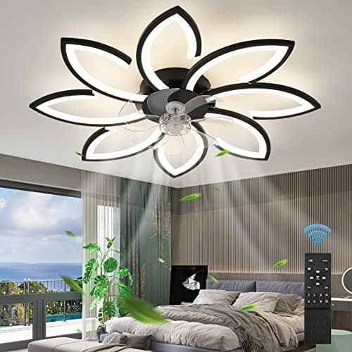 ZHMDJDSH 35" Geometric Ceiling Fan with Light Remote Control, 6 Speeds 3 Colors, Black Low Profile Flush Mount Ceiling Fan for Kitchen Bedroom Living Room