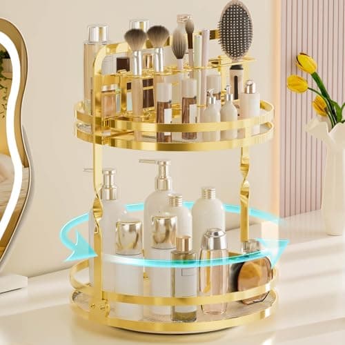 DUANFEE 360 Rotating Makeup Organizer Vanity, Gold Perfume Organizer for Dresser, 2 Tier Bathroom Organizer Countertop,Spinning Cosmetic Display Lazy Susan for Women,Skincare Storage with Brush Holder - Image 1
