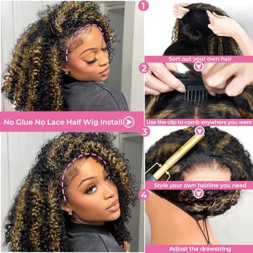 Kinky Curly Half Wig Human Hair Drawstring Balayage Highlight Ombre No Lace Glueless Wear Go Wig Drawstring Invisible Hairline Beginner Friendly For Women Flip Over Clip In 250% Density 18Inch - Thumbnail 4
