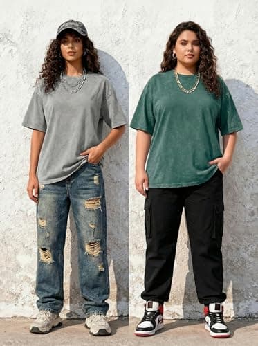 Aiyino Women's Oversized Cotton T-Shirts 3 Pack Vintage Washed Loose Fit Short Sleeve Crew Neck Casual Basic Tee Black/DarkGreen/Apricot M - Thumbnail 3
