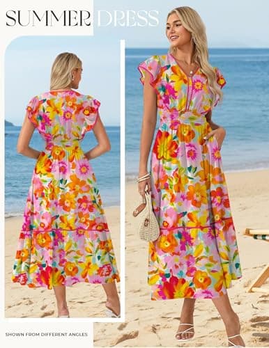 GRACE KARIN 2026 Summer Wedding Guest Dresses for Women Ruffle Sleeve Boho Midi Dress Smocked Flowy Floral Dress with Pocket Pink Orange XL - Thumbnail 2