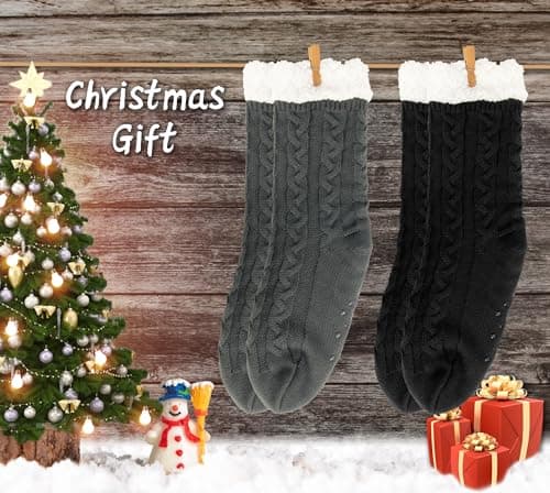 BenSorts Mens Fuzzy Slipper Socks with grippers Warm House Indoor Fleece Cabin House Home Cozy Socks Christmas Gift Stocking Stuffers 2 Packs Black and Gray - Thumbnail 5