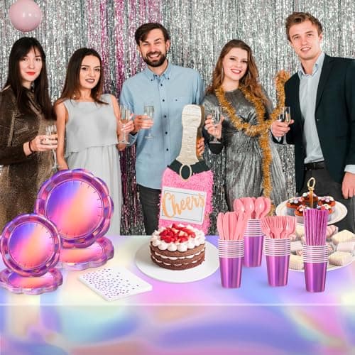 NatNarr 200 Pcs Pink Plates and Napkins Party Supplies, 25 Guest Scalloped Iridescent Pink Plates Napkins Cups Set Holographic Pink Party Decorations for Birthday, Mermaid, Disco Party - Thumbnail 5