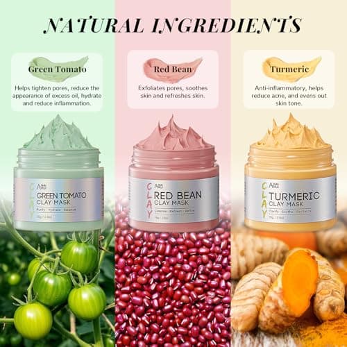 ANAI RUI 3 Pcs Pore Cleansing Face Mask Set Green Tomato Clay Mask - Turmeric Vitamin C Facial Mask Red Bean Refreshing Pore Mask, Relaxing Spa Gift Set Self Care for Women/Teens Girls 2.5 oz each - Thumbnail 2