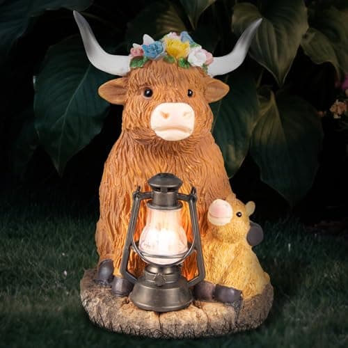 Highland Cow Solar Lights, Solar Powered Statues for Garden,Outside Decor with Latern for Yard Birthday Easter Gifts for Grandma Mom Women Funny Decorations for Yard and Patio Gifts - Image 1