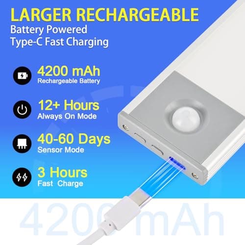 Under Cabinet Lighting, 4200mAh Rechargeable Motion Sensor Light Indoor, 240lm Wireless Under Cabinet Lights, Magnetic Battery Operated LED Closet Light for Kitchen Stair (11 Inch, Cool White, 2 Pack) - Thumbnail 4