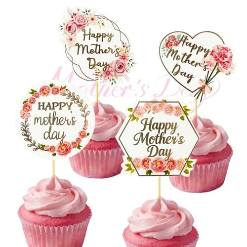 Oeyliz Happy Mothers Day Cupcake Topper 24 Pieces Flower Patterns Mom Cake Decorations Happy Mothers Day Cupcake Toppers for Mothers Day Party Cake Decorations