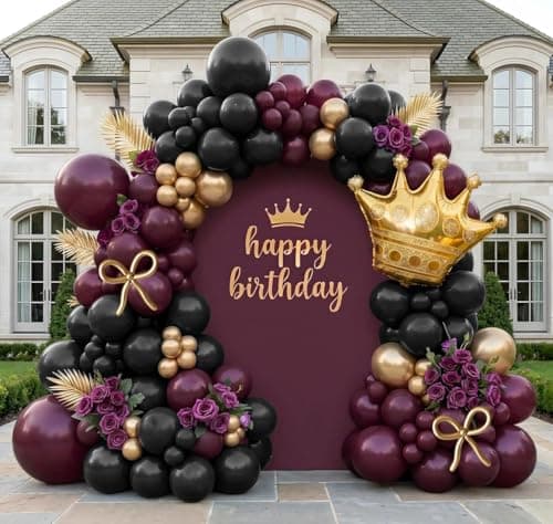 Dark Purple Black Gold Balloon Garland Arch Kit - Double Stuffed Plum Burgundy Balloon with Foil Crown & Gold Long Balloons for Graduation, Mother's Day, Prom, Birthday, Wedding, Queen Party - Image 1