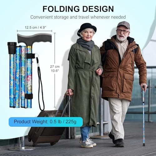supregear Folding Cane, Lightweight 5-Level Adjustable Walking Stick with Wrist Strap and T-Handle, Portable Mobility Aid for Elderly and Disabled Men and Women, Floral Blue - Thumbnail 2