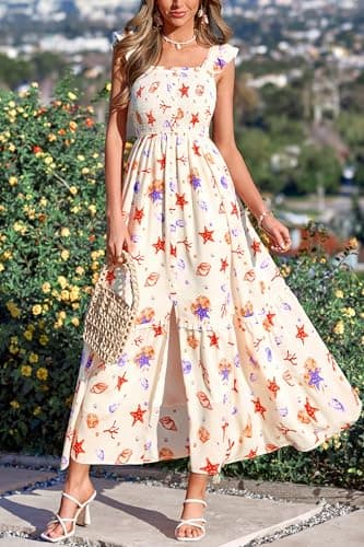 dowerme Womens Summer Maxi Dresses 2026 Casual Ruffle Sleeve Button Smocked Floral Slit Boho Dress Spring Beach Sundress(White Orange Red Flower,XX-Large) - Thumbnail 3